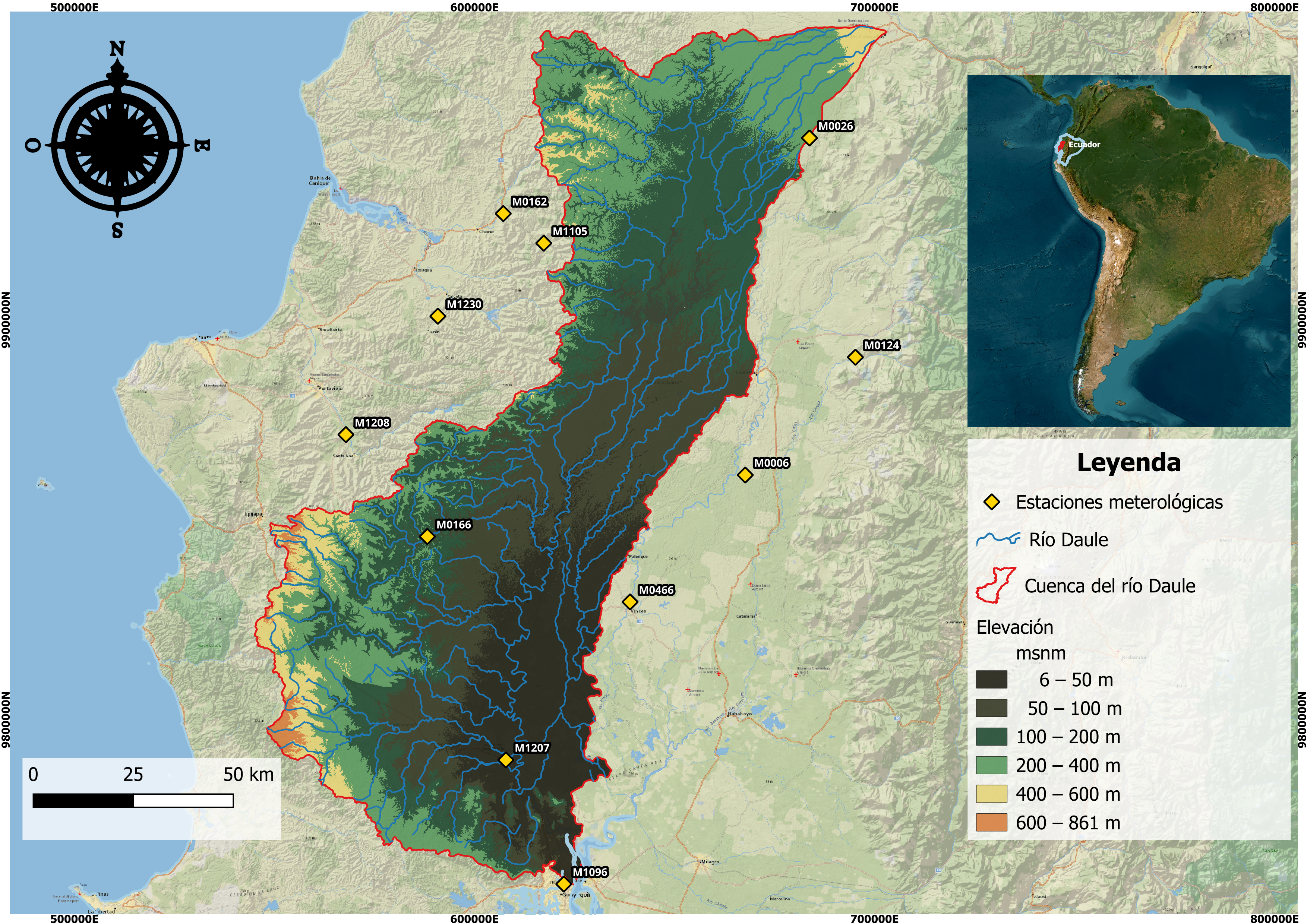 Mapa de la cuenca del río Daule con elevación, drenaje y estaciones meteorológicas